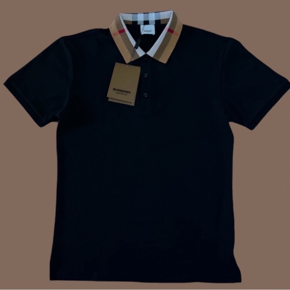 Burberry Men's Polo Shirt - Black with Iconic Check Collar
